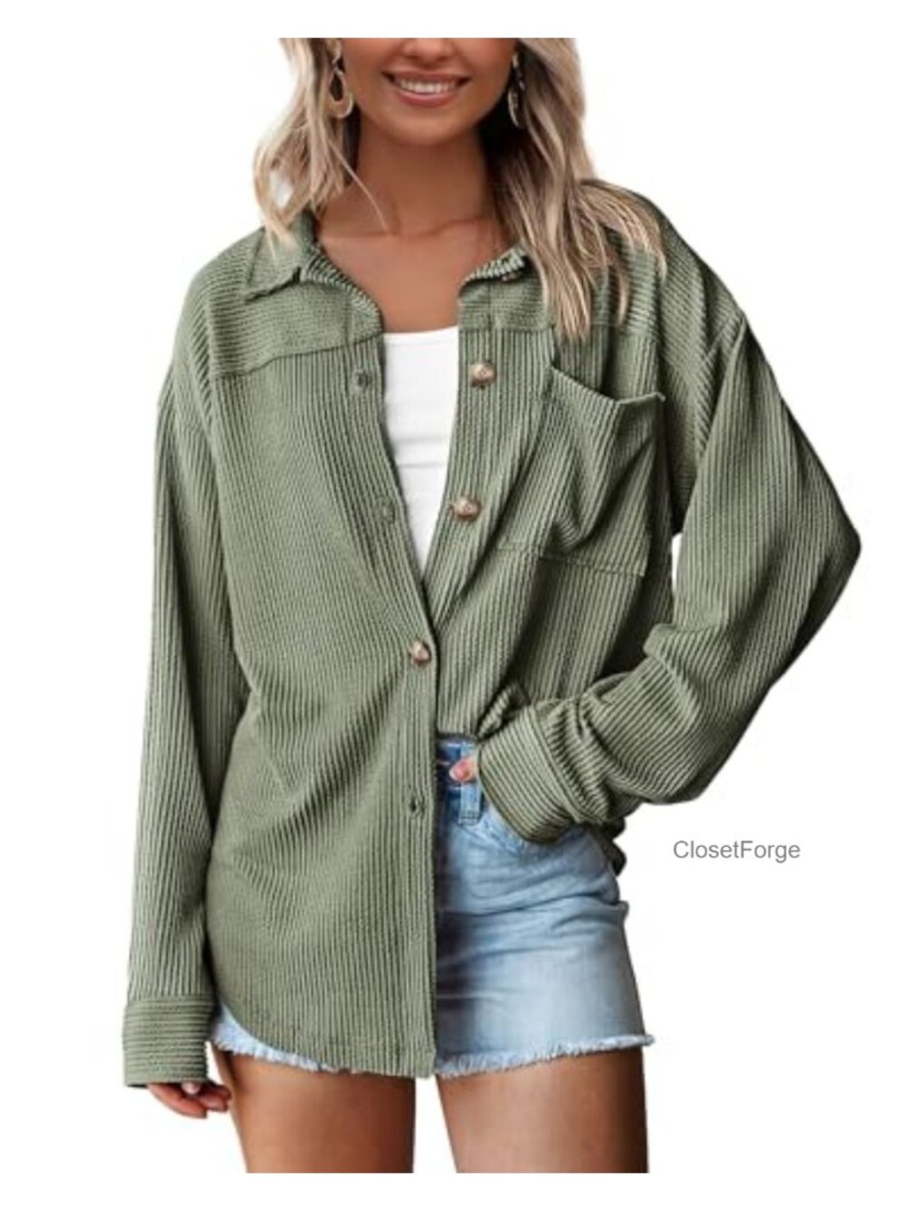 Women's Textured Oversized Button Down Shirt Jacket with Pockets